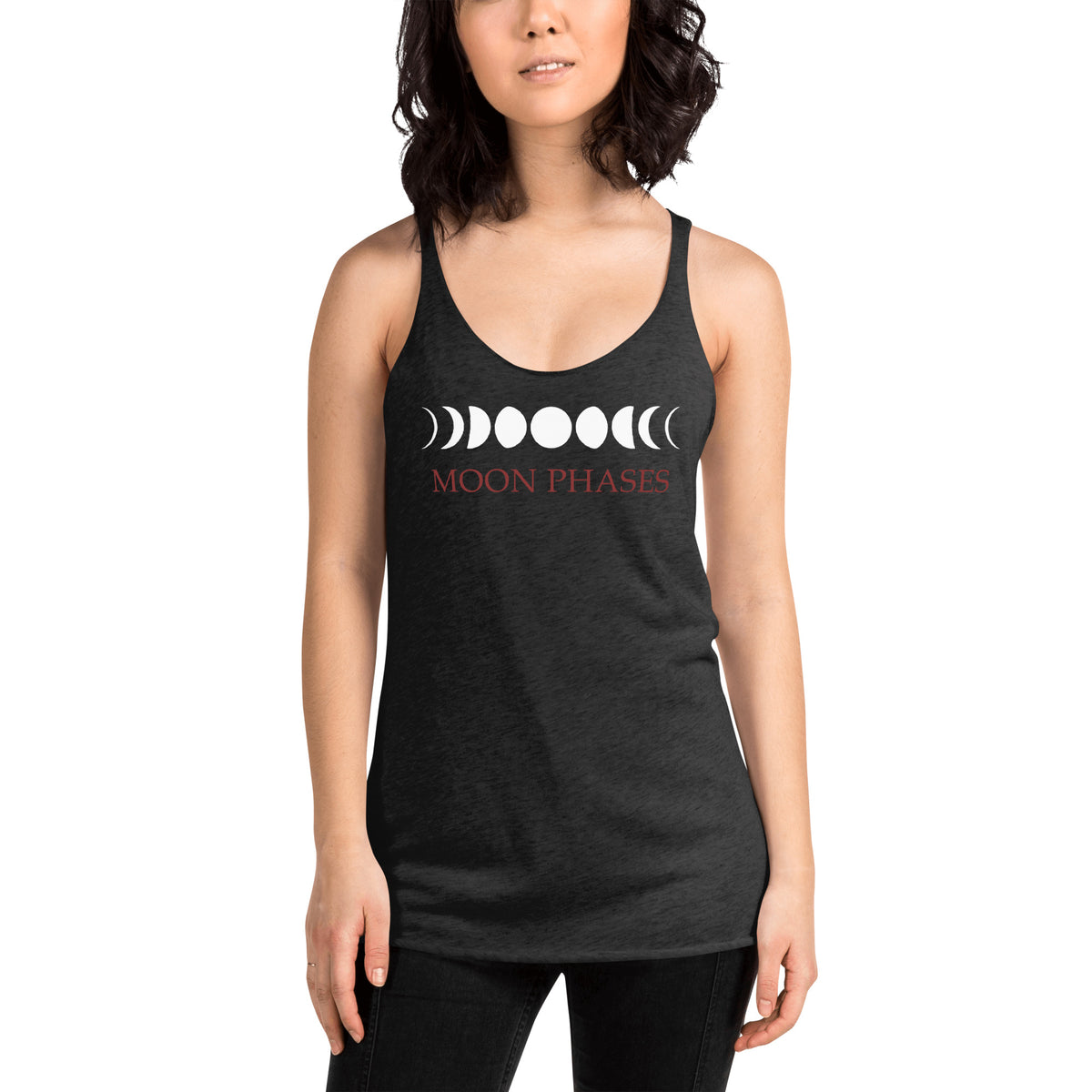 Lunar Moon Phases graphic on women's racerback tank, front view