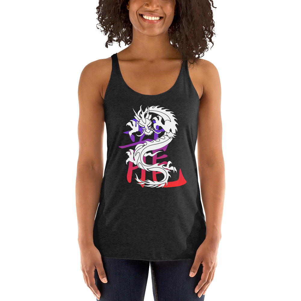 Lucky Chinese Dragon graphic on women's racerback tank, front view