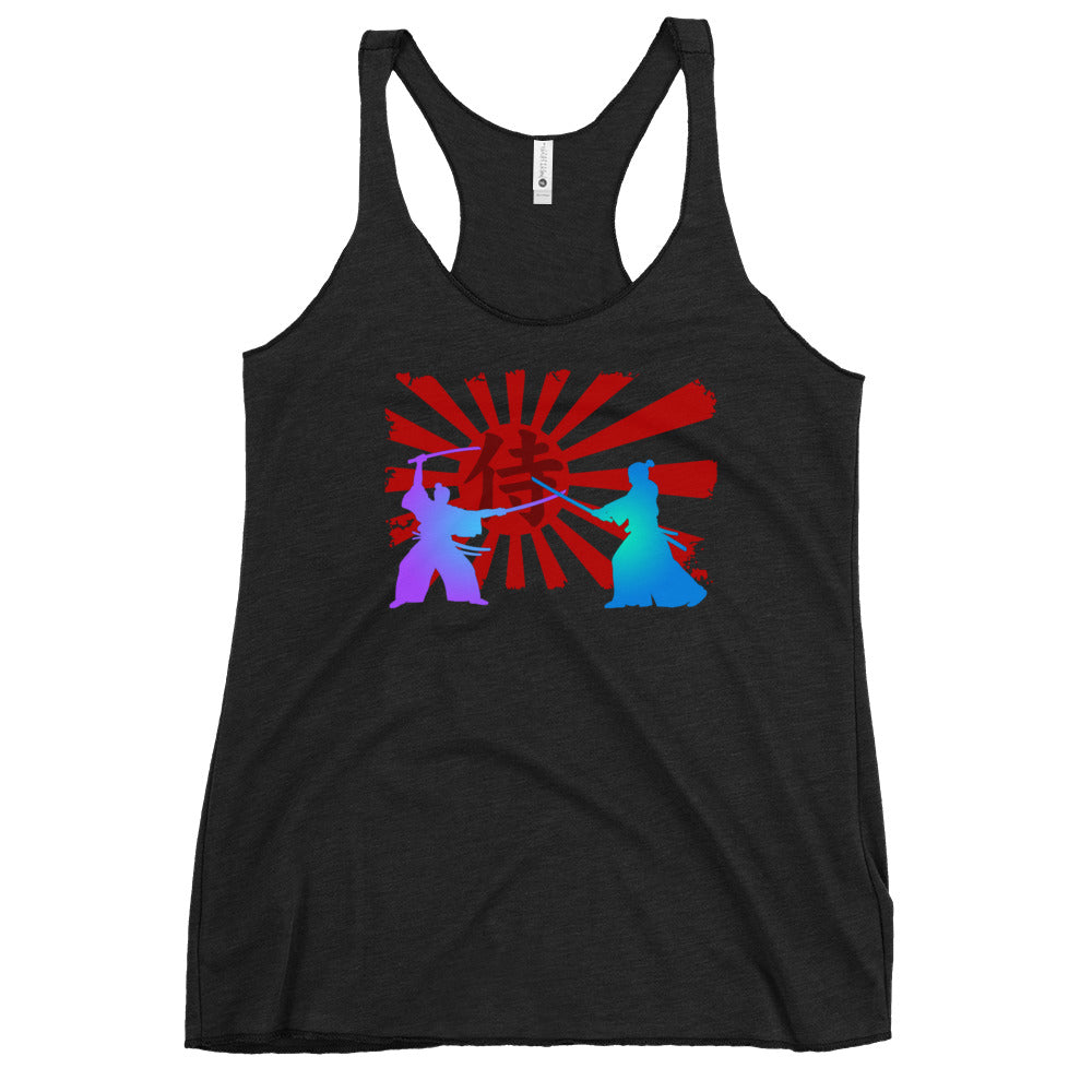 Samurai Warriors Duel graphic on women's racerback tank, front view