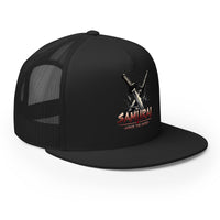 Black/ White/ Black trucker hat featuring Katana Splash Samurai Sword Snapback embroidered artwork, product image 5