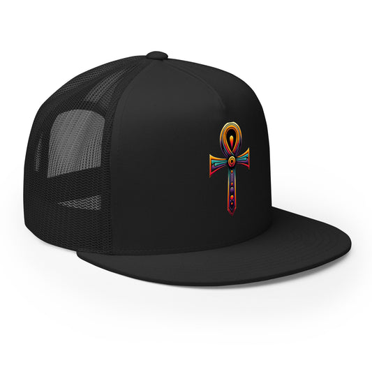 Black/ White trucker hat featuring Ankh Symbol embroidered artwork, product image 1