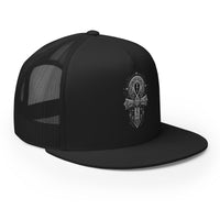 Black/ White trucker hat featuring Occult Ankh Gothic embroidered artwork, product image 1