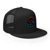 Black/ White/ Black trucker hat featuring Yin Yang Dragon Snapback embroidered artwork, product image 5
