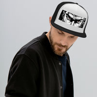 Black trucker hat featuring Anime Eyes Samurai Snapback embroidered artwork, product image 2