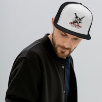 Charcoal/ White trucker hat featuring Katana Splash Samurai Sword Snapback embroidered artwork, product image 3