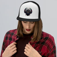 Black trucker hat featuring Mechanical Scarab embroidered artwork, product image 2