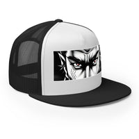Black/ White trucker hat featuring Anime Eyes Samurai Snapback embroidered artwork, product image 1