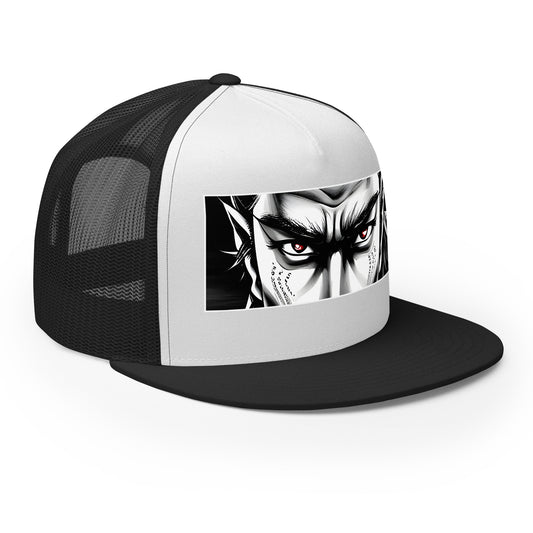 Black/ White trucker hat featuring Anime Eyes Samurai Snapback embroidered artwork, product image 1