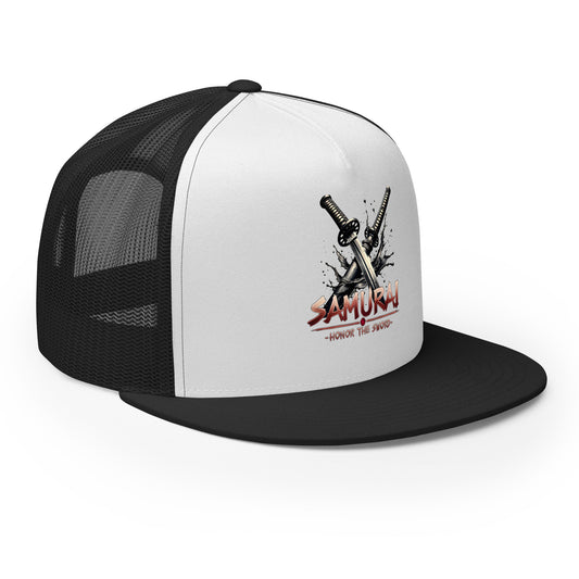 Black/ White trucker hat featuring Katana Splash Samurai Sword Snapback embroidered artwork, product image 1