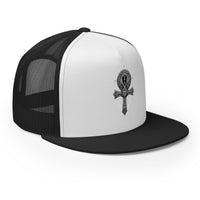 White trucker hat featuring Occult Ankh Gothic embroidered artwork, product image 7