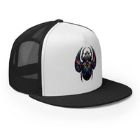 Black/ White trucker hat featuring Mechanical Scarab embroidered artwork, product image 1