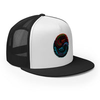 Black/ White trucker hat featuring Yin Yang Dragon Snapback embroidered artwork, product image 1