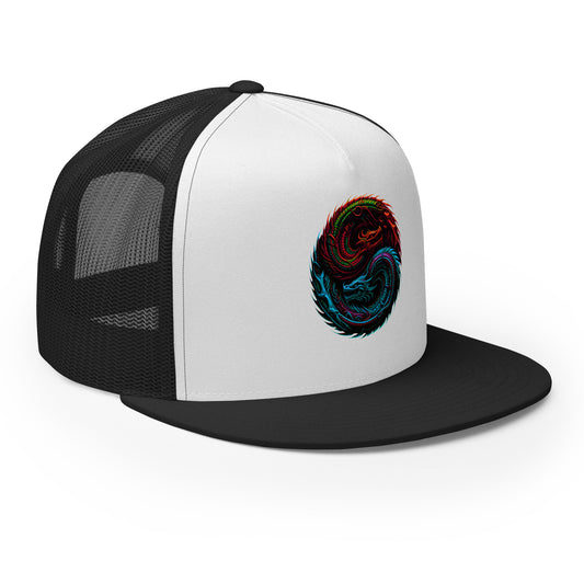 Black/ White trucker hat featuring Yin Yang Dragon Snapback embroidered artwork, product image 1