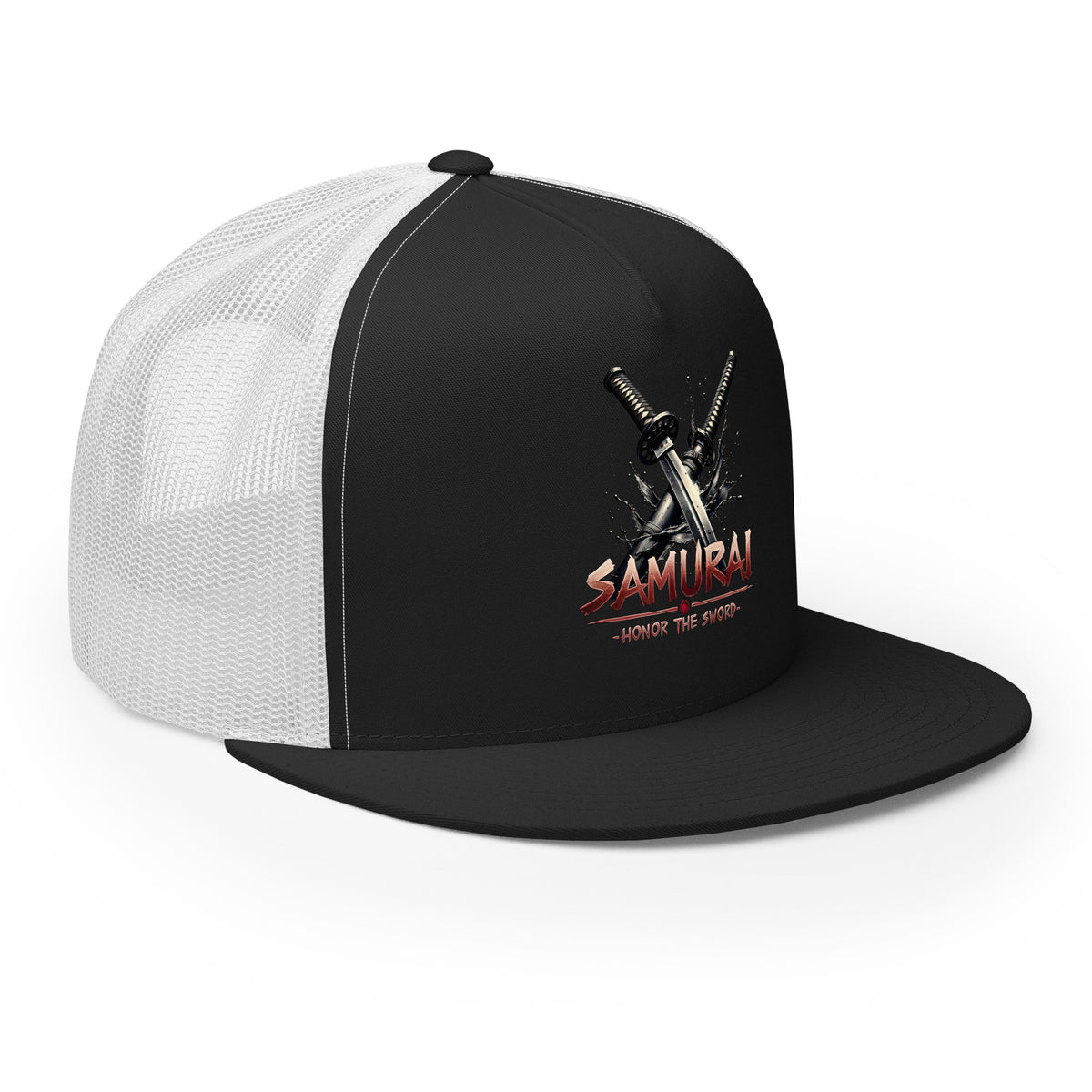 Silver/ Black trucker hat featuring Katana Splash Samurai Sword Snapback embroidered artwork, product image 4