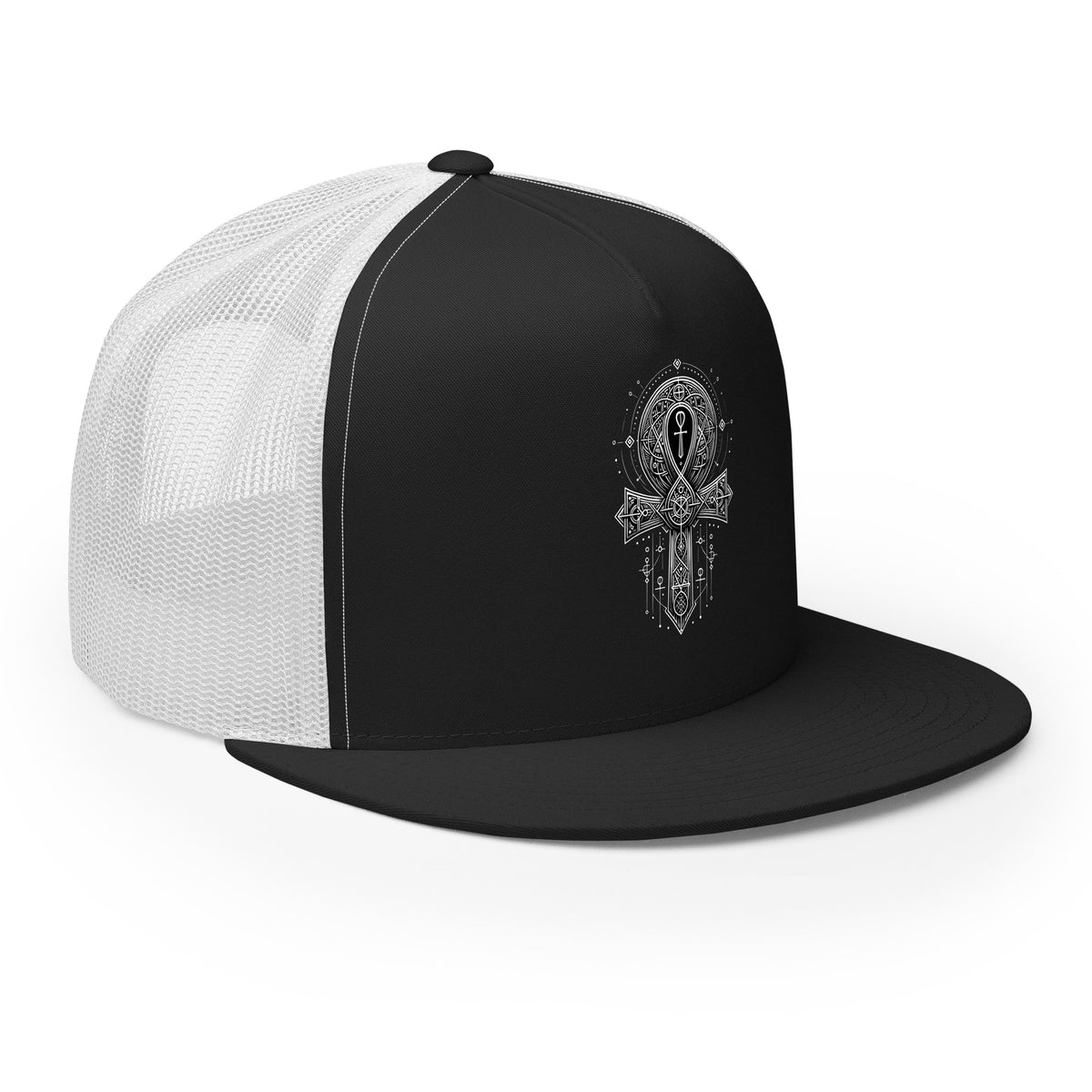 Silver/ Black trucker hat featuring Occult Ankh Gothic embroidered artwork, product image 4