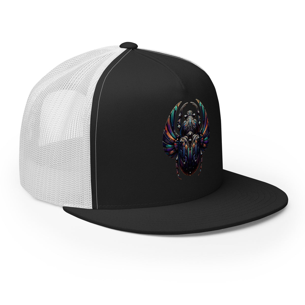 Silver/ Black trucker hat featuring Mechanical Scarab embroidered artwork, product image 4