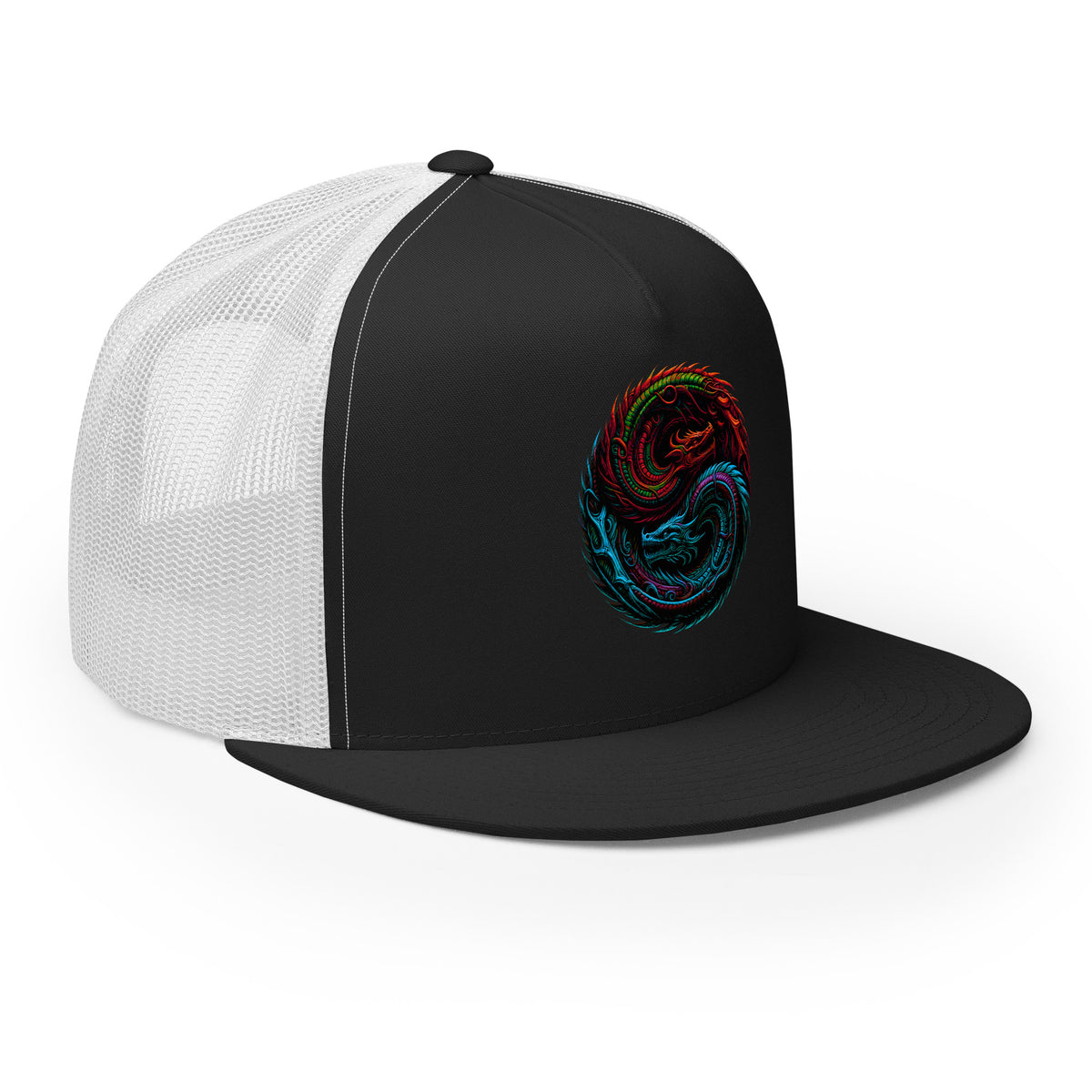 Silver/ Black trucker hat featuring Yin Yang Dragon Snapback embroidered artwork, product image 4