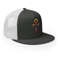 Black/ White/ Black trucker hat featuring Ankh Symbol embroidered artwork, product image 5
