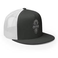 Black/ White/ Black trucker hat featuring Occult Ankh Gothic embroidered artwork, product image 5