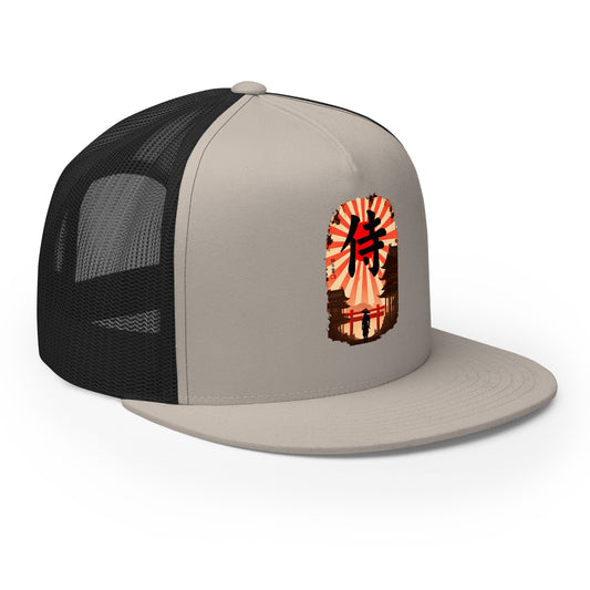 Black/ White trucker hat featuring Samurai Rising Sun Snapback embroidered artwork, product image 1