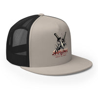 White trucker hat featuring Katana Splash Samurai Sword Snapback embroidered artwork, product image 7