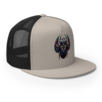 White trucker hat featuring Mechanical Scarab embroidered artwork, product image 7