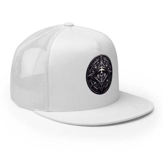 Black/ White trucker hat featuring All Seeing Eye embroidered artwork, product image 1