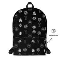 Demonology Occult Symbols artwork on unisex backpack, front view