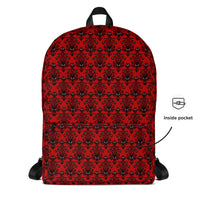 Red Haunted Mansion artwork on unisex backpack, front view
