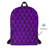 Purple Haunted Mansion artwork on unisex backpack, front view