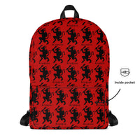Red Krampus artwork on unisex backpack, front view