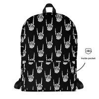 Devil Horns Bone Hand artwork on unisex backpack, front view