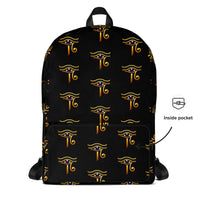 Eye of Ra artwork on unisex backpack, front view