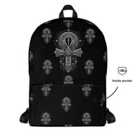 Egyptian Ankh artwork on unisex backpack, front view