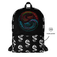 Yin Yang Dragons artwork on unisex backpack, front view