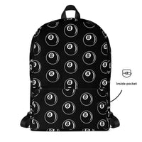 8 Ball Billiards artwork on unisex backpack, front view