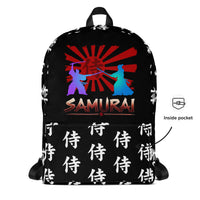 Samurai Kanji 侍 artwork on unisex backpack, front view