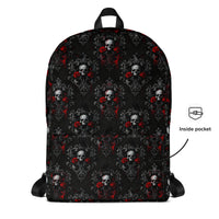 Skulls Roses & Ravens artwork on unisex backpack, front view