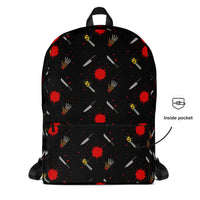Classic Horror Weapons artwork on unisex backpack, front view