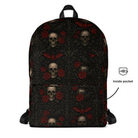Skulls Bats Roses & Ravens artwork on unisex backpack, front view