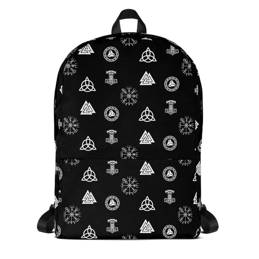 Viking Runes & Norse Symbols artwork on unisex backpack, front view