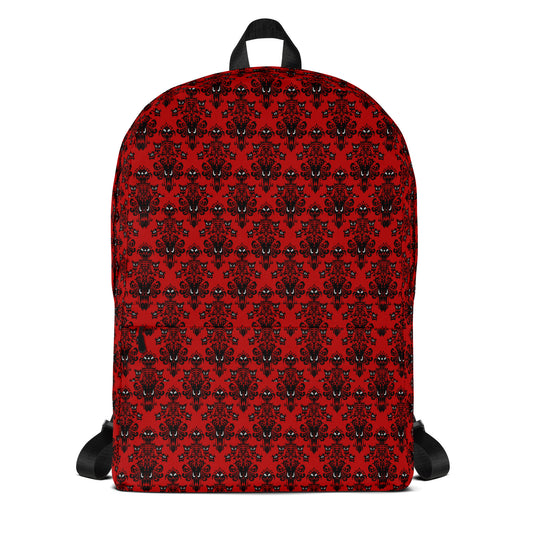 Red Haunted Mansion artwork on unisex backpack, front view