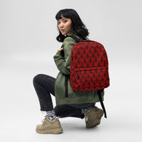 Red Haunted Mansion artwork on unisex backpack, front view
