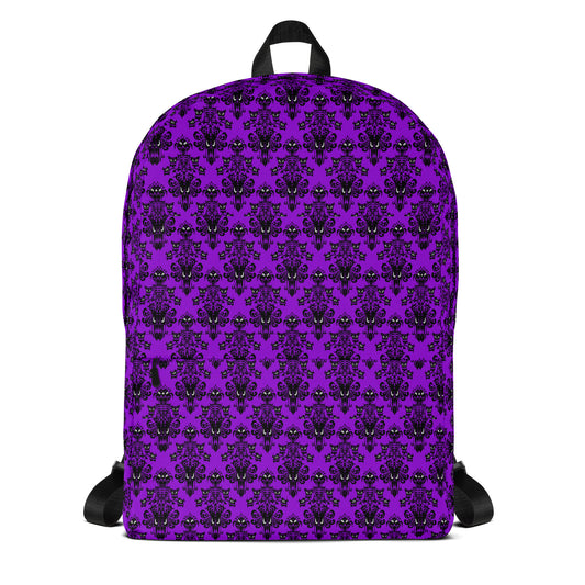 Purple Haunted Mansion artwork on unisex backpack, front view