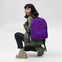 Purple Haunted Mansion artwork on unisex backpack, front view