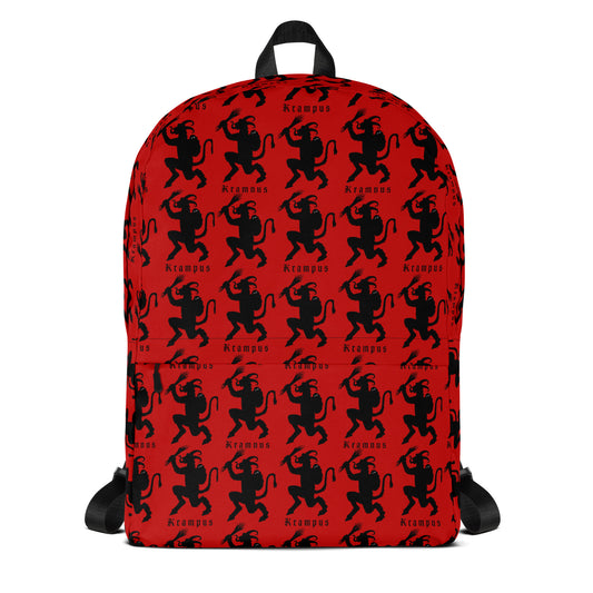 Red Krampus artwork on unisex backpack, front view