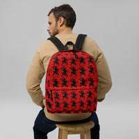 Red Krampus artwork on unisex backpack, front view