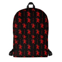 Black Krampus artwork on unisex backpack, front view