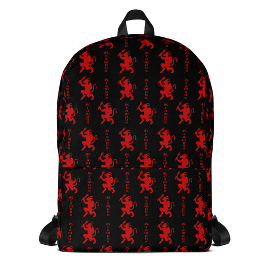 Black Krampus artwork on unisex backpack, front view