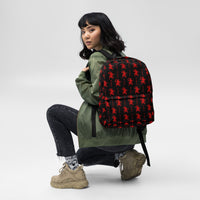 Black Krampus artwork on unisex backpack, front view